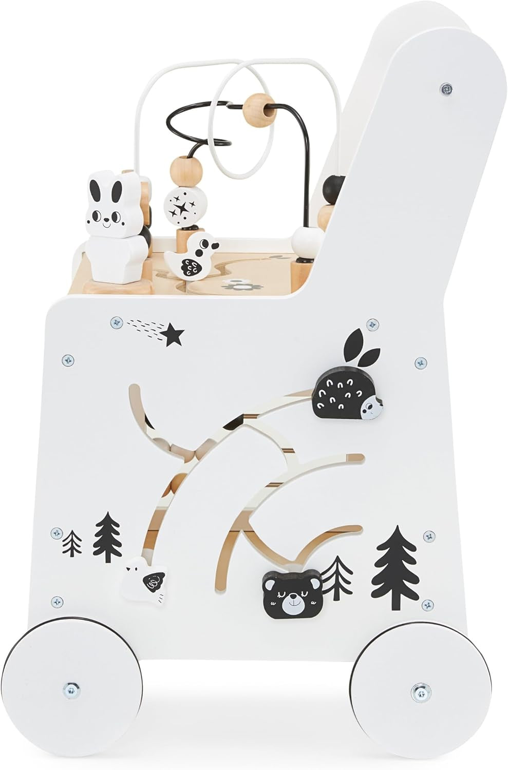 Wooden Baby Walker with Wheels 6-In-1 - Push along Toy 12+ Months - Baby Activity Centre Walker with Shape Sorter, Bead Mazes, Abacus and Gears and Stacking Blocks