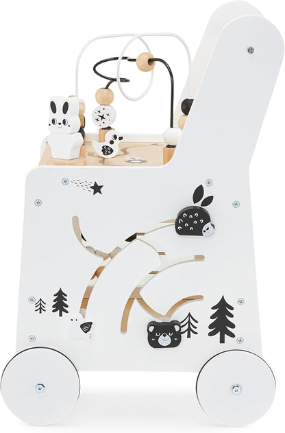 Wooden Baby Walker with Wheels 6-In-1 - Push along Toy 12+ Months - Baby Activity Centre Walker with Shape Sorter, Bead Mazes, Abacus and Gears and Stacking Blocks