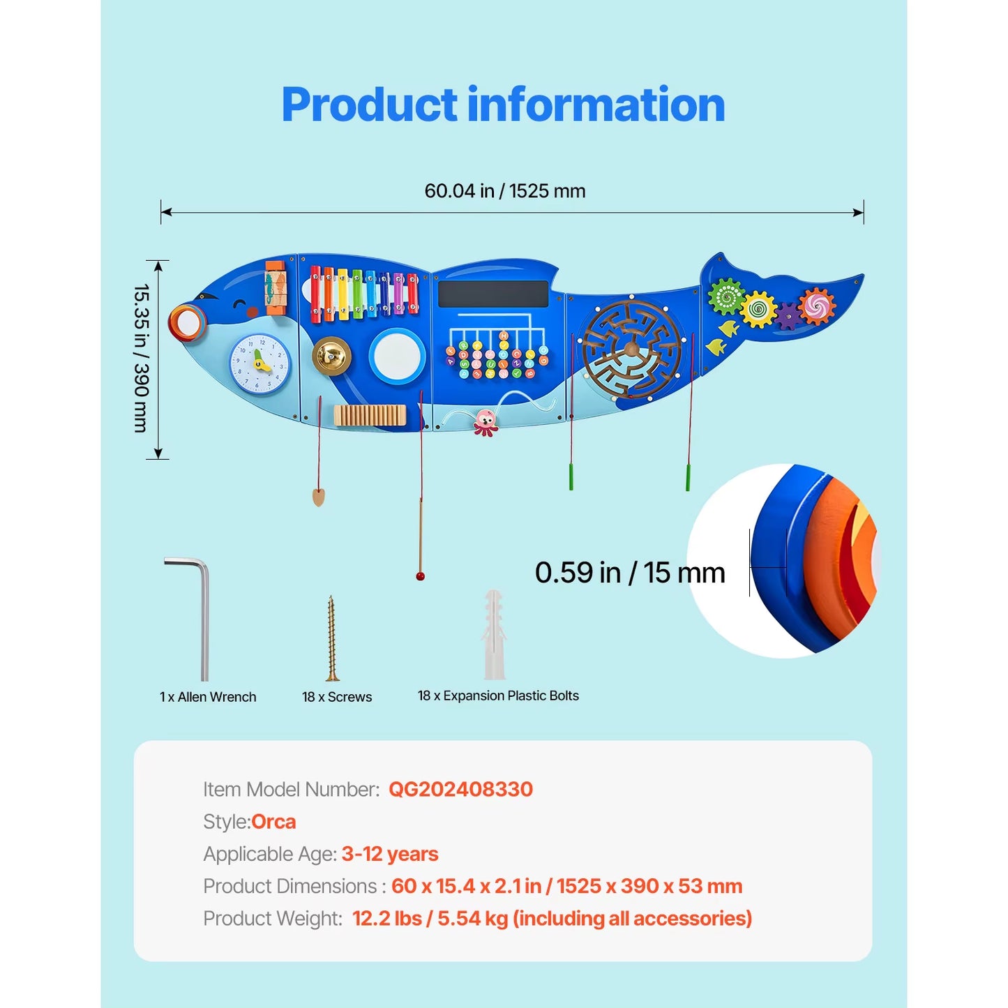 VEVOR Orca Kids Wall Busy Board 12 Activities Hanging Panels Montessori Sensory Learning Toys for Toddler 3-12 Years Play Toys