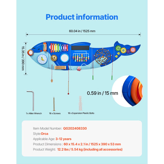 VEVOR Orca Kids Wall Busy Board 12 Activities Hanging Panels Montessori Sensory Learning Toys for Toddler 3-12 Years Play Toys