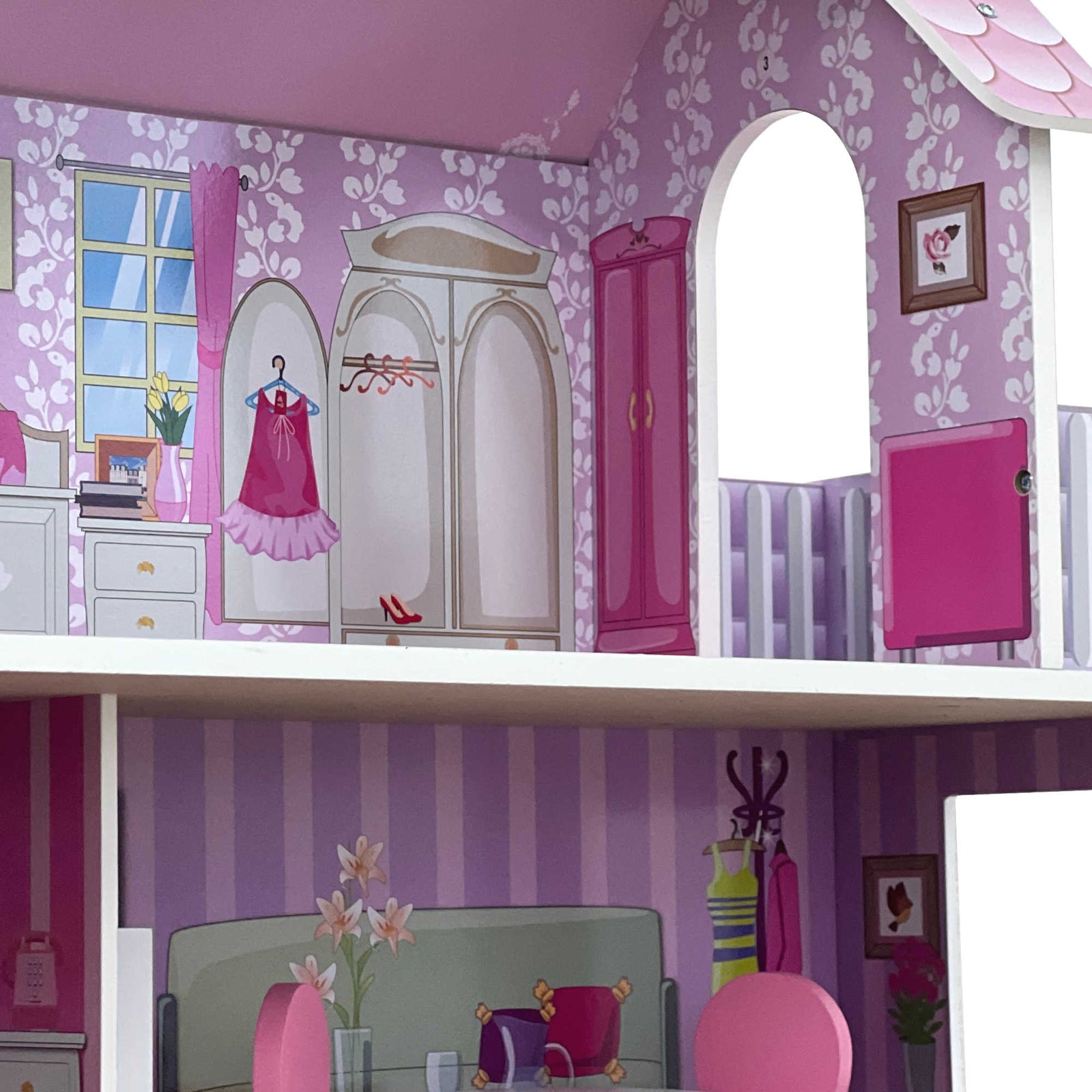 Childrens Kids Wooden Dolls House Playset with 9Pcs Furniture and Accessories