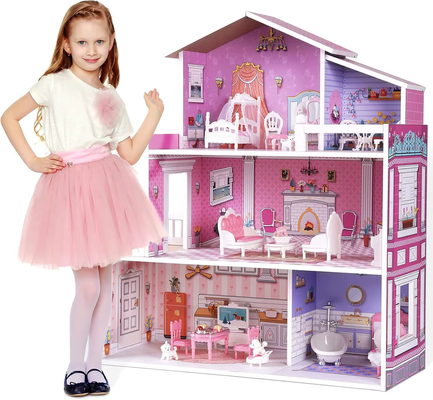 Robud Victoria Wooden Dollhouse Furniture Preschool Dollhouse House Toy for Girls 3+