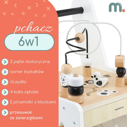 Wooden Baby Walker with Wheels 6-In-1 - Push along Toy 12+ Months - Baby Activity Centre Walker with Shape Sorter, Bead Mazes, Abacus and Gears and Stacking Blocks