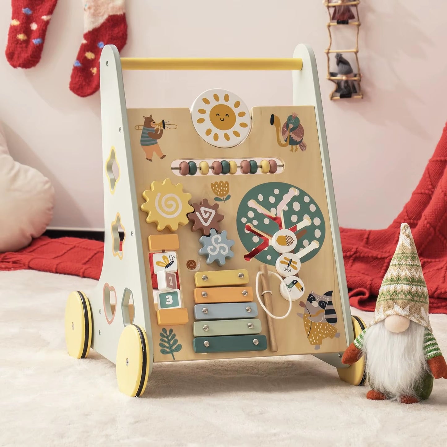 ROBUD Wooden Baby Walker Baby Push Walker with Activity Center and Storage Montessori Walker Toy for Boys and Girls