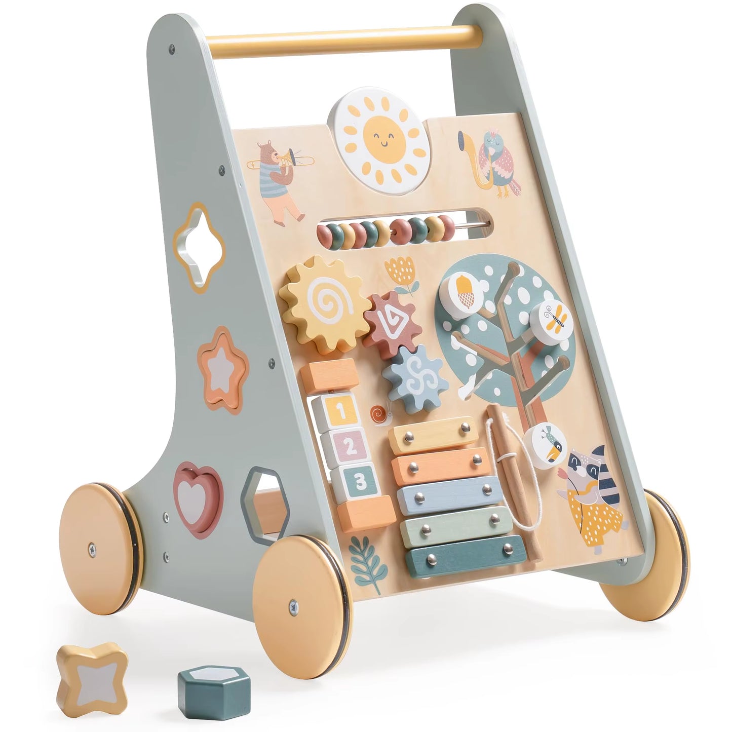 ROBUD Wooden Baby Walker Baby Push Walker with Activity Center and Storage Montessori Walker Toy for Boys and Girls