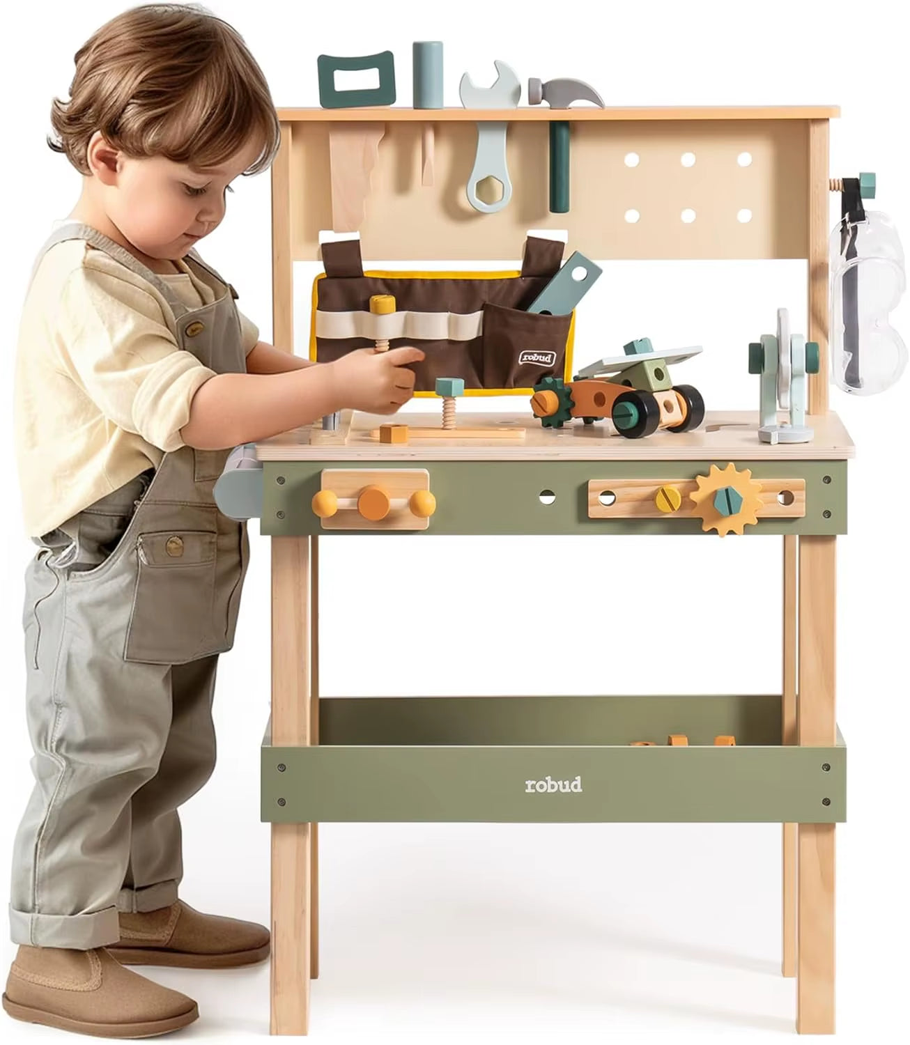 Toddler Pretend Play Kids Workbench Wooden Toy with Tool Belt Goggles Accessories for Creative Assembly Suitable for Age 3