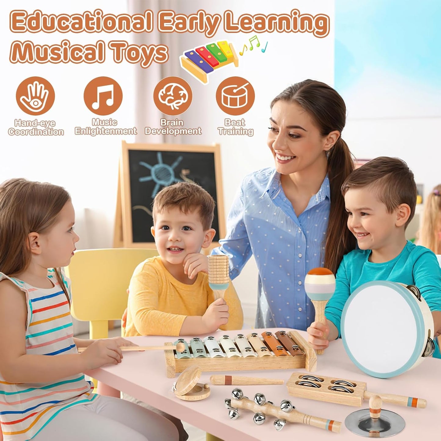 Kids Musical Instruments,  Baby Musical Instrument Montessori Wooden Toys for Toddlers18M+, Neutral Colors Percussion Instruments Set, Aesthetic Modern Boho Xylophone for Kids Playroom Gifts