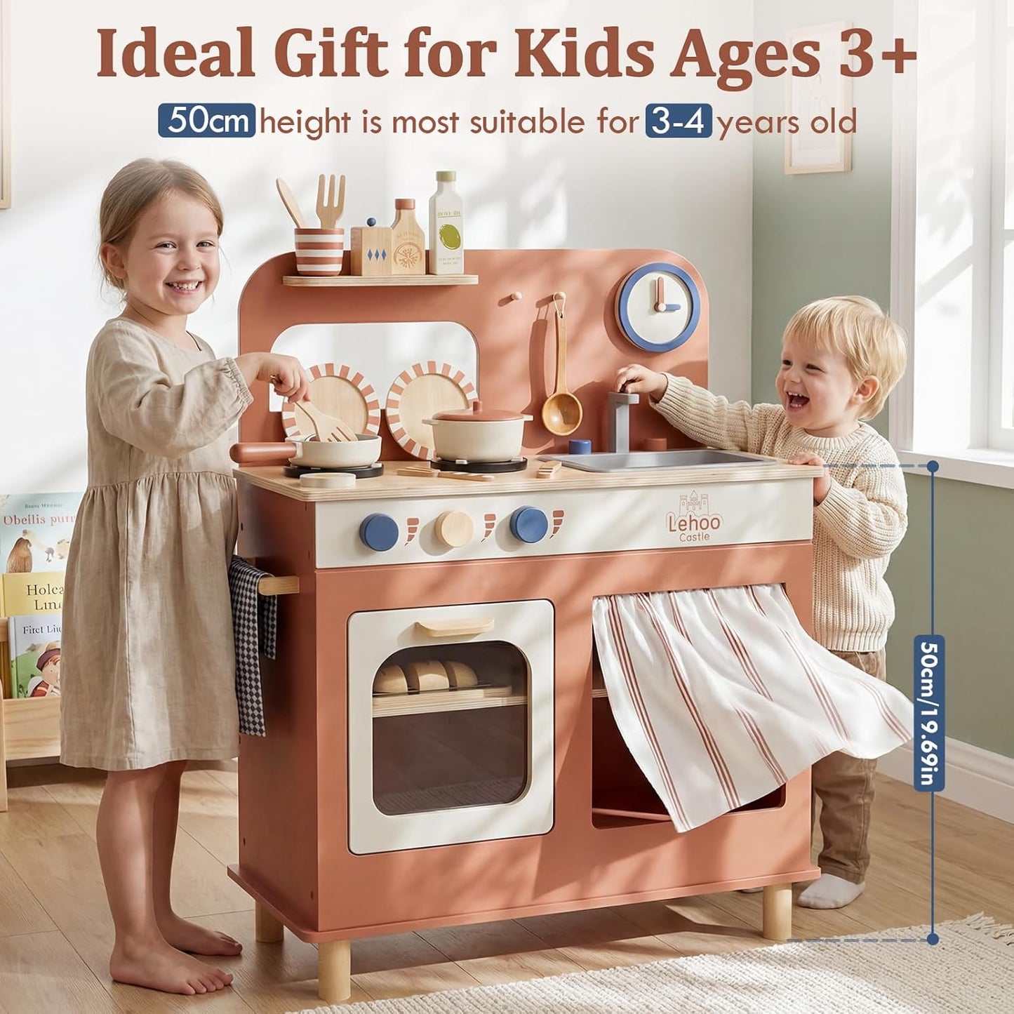 Toy Kitchen, Wooden Play Kitchen for 3 Year Old, Kitchen Set for Kids, Play Pots and Pans Sets, Role Play Toys, 3 Year Old Girl Boys Gifts