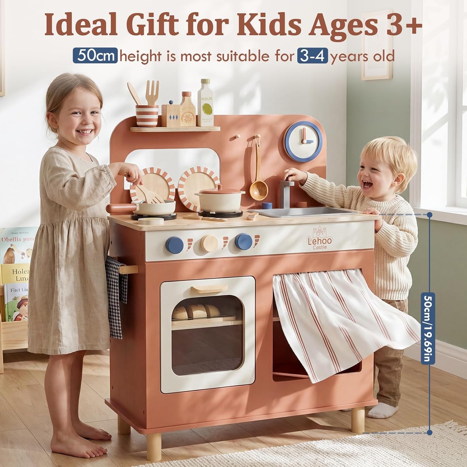 Toy Kitchen, Wooden Play Kitchen for 3 Year Old, Kitchen Set for Kids, Play Pots and Pans Sets, Role Play Toys, 3 Year Old Girl Boys Gifts