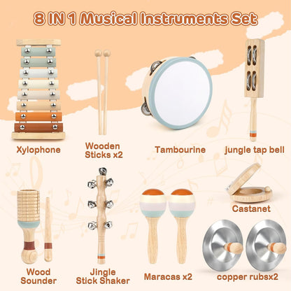 Kids Musical Instruments,  Baby Musical Instrument Montessori Wooden Toys for Toddlers18M+, Neutral Colors Percussion Instruments Set, Aesthetic Modern Boho Xylophone for Kids Playroom Gifts