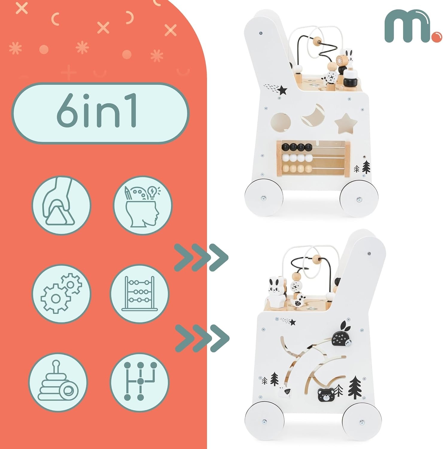 Wooden Baby Walker with Wheels 6-In-1 - Push along Toy 12+ Months - Baby Activity Centre Walker with Shape Sorter, Bead Mazes, Abacus and Gears and Stacking Blocks