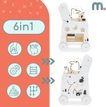 Wooden Baby Walker with Wheels 6-In-1 - Push along Toy 12+ Months - Baby Activity Centre Walker with Shape Sorter, Bead Mazes, Abacus and Gears and Stacking Blocks