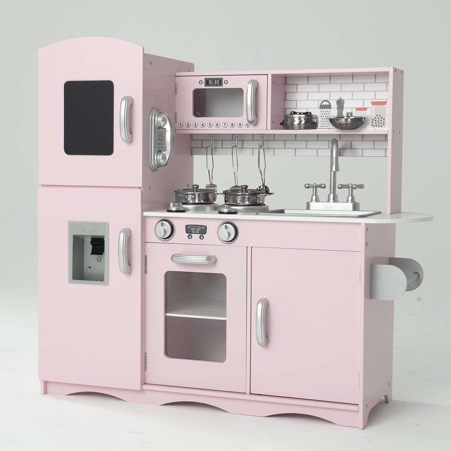 KIDOZ Signature Kids Wooden Kitchen, Large Pretend Role Play Kitchen with Realistic Oven, Microwave and Sink with Taps, Kitchen Playset with Sounds and Lights for Kids (Pink Kitchen with Utensils)