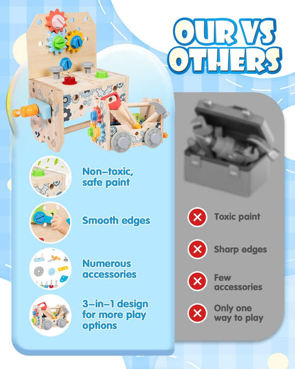3-In-1 Design Wooden Tool Set Toys for Kids, Gifts for 2+ Year Old Boy Toys, 50 Pcs Accessories, Toddler Educational Construction Bench Set Toy for 2-6 Year Old Boys & Girls, Ideal