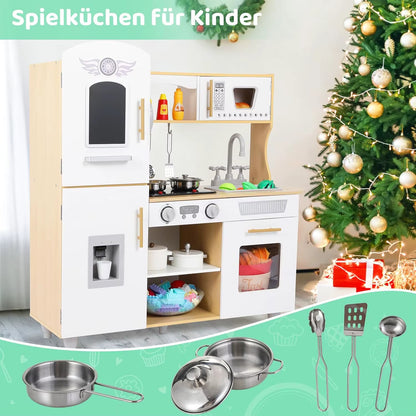 Wooden Toy Kitchen Playset with Real Lights & Sounds, Play Kitchen Set for Toddlers, Double-Door Fridge, Ice Maker & Cookware