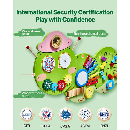 Caterpillar Children Wall Busy Board 12 Activities Montessori Sensory Learning Center for Kids 3-12 Years Playroom Toys