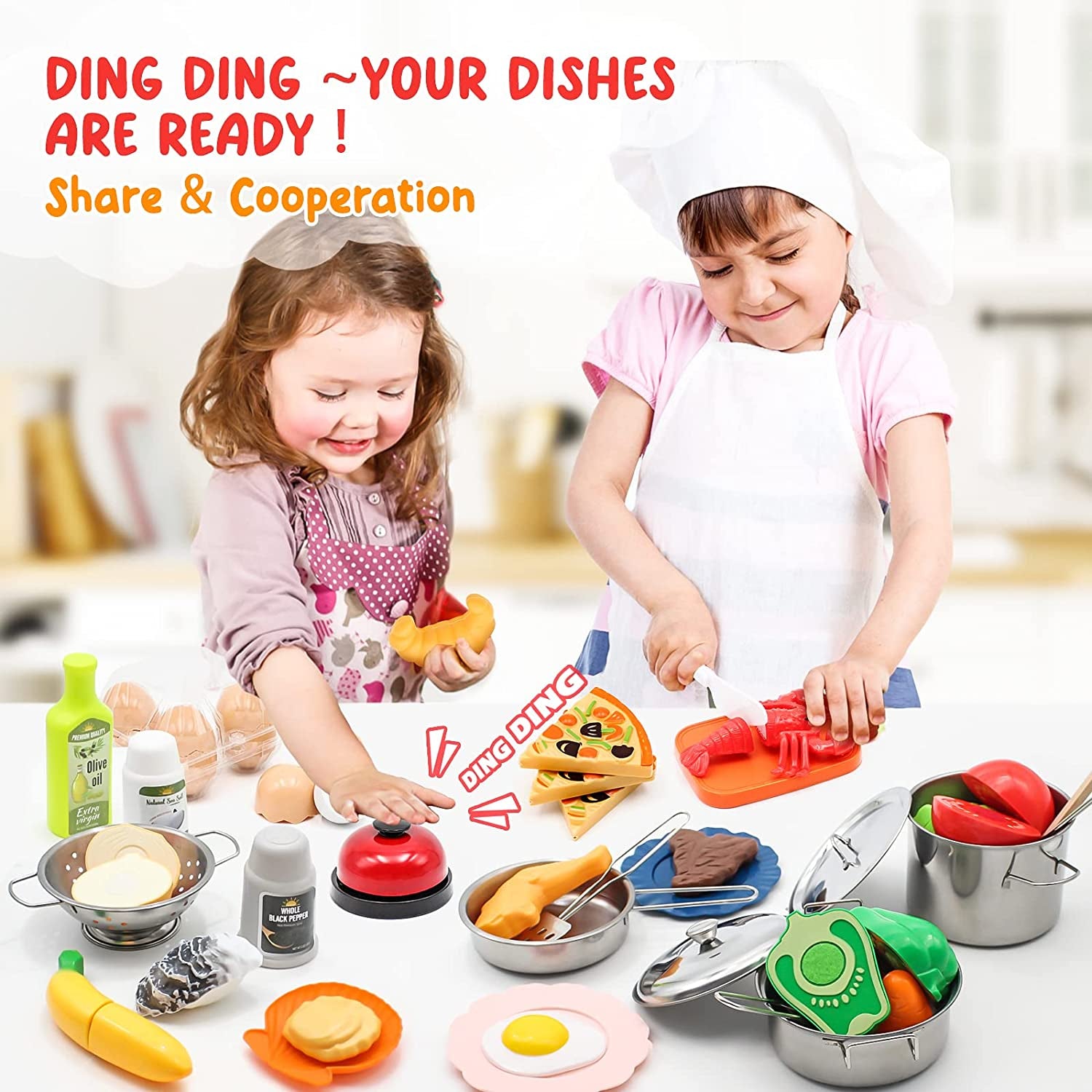 37Items 59Pcs Kids Pretend Play Kitchen Accessories Set, Stainless Steel Play Pots and Pans Sets for Kids, Cooking Utensils, Play Food Pizza Knife Kitchen Playset Toys Gift for Boys Girls Toddlers 3+
