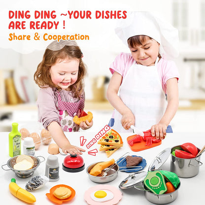 37Items 59Pcs Kids Pretend Play Kitchen Accessories Set, Stainless Steel Play Pots and Pans Sets for Kids, Cooking Utensils, Play Food Pizza Knife Kitchen Playset Toys Gift for Boys Girls Toddlers 3+