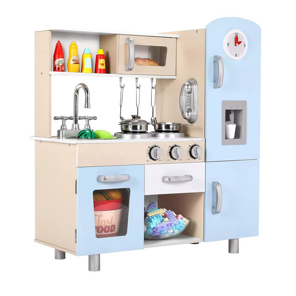 Kids Wooden Pretend Cooking Kitchen Playset with Cabinets for Toddler Play Kitchen Toy Cooking with Lights & Sounds