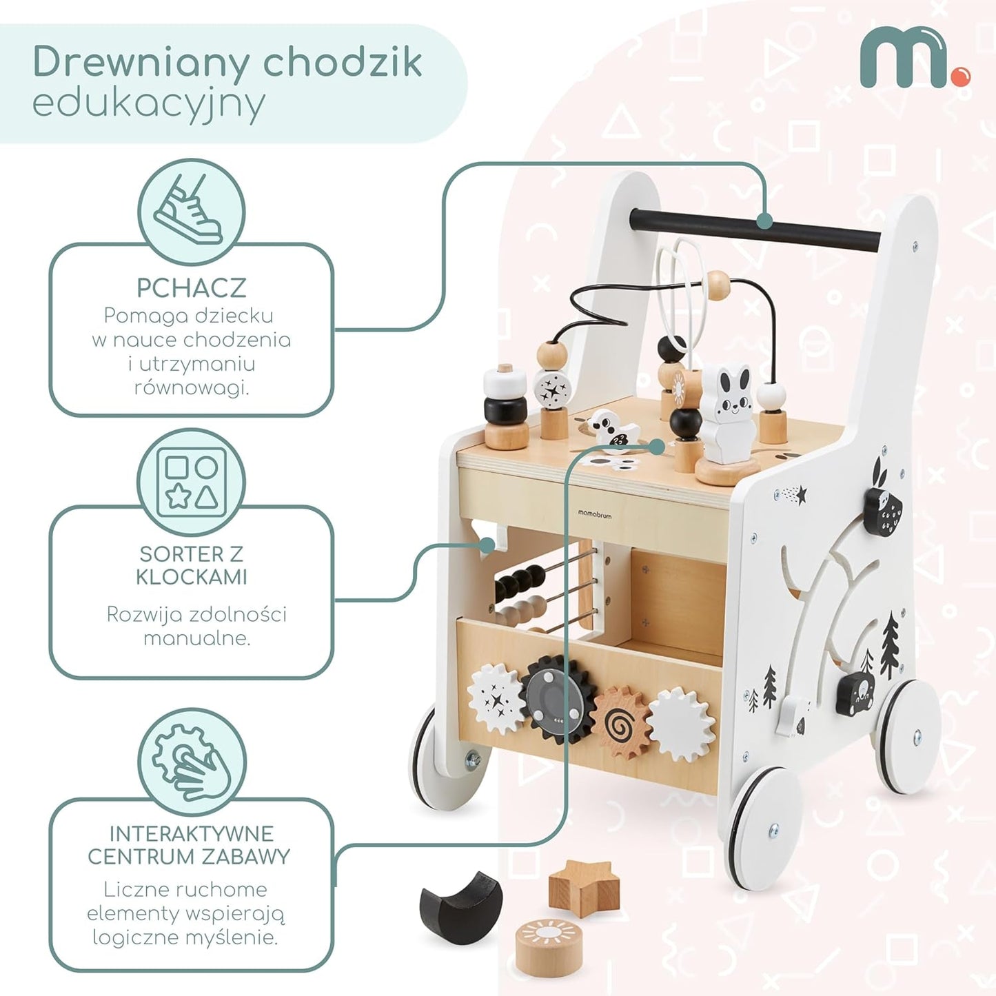 Wooden Baby Walker with Wheels 6-In-1 - Push along Toy 12+ Months - Baby Activity Centre Walker with Shape Sorter, Bead Mazes, Abacus and Gears and Stacking Blocks