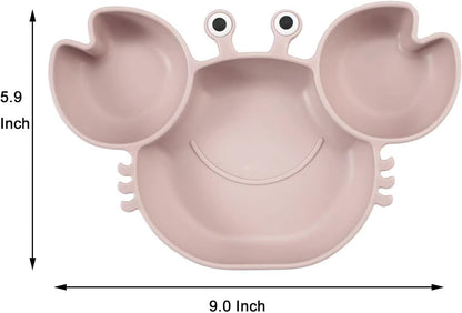 Silicone Baby Plate with Suction + Baby Sippy Cup + Baby Feeding Spoon Fork, Divided Kid Toddler Baby Suction Plate, Baby Feeding Items Led Weaning Set, Crab Pink