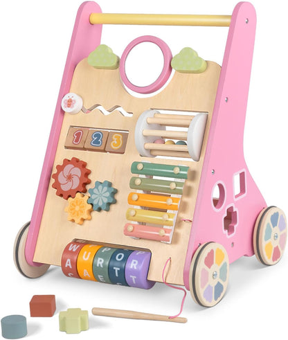 Wooden Baby Walker for 1 Year Olds Girls, Toddler Push along Walker with Learning Toys, 2-In-1 Baby Activity Centre for 12 Months Girls Gifts with Shapes, Phrases & Mirror