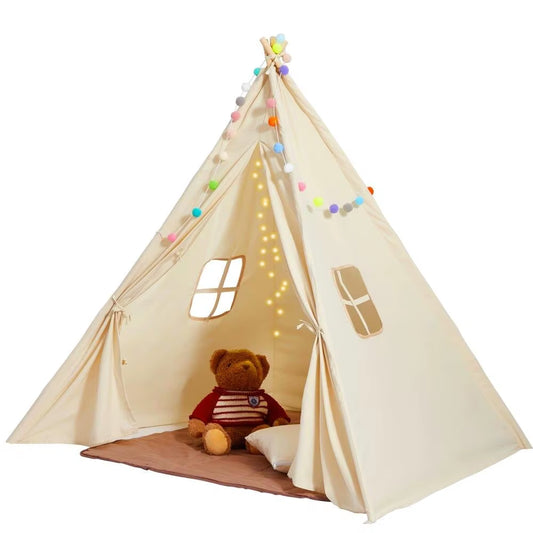 For Kids Play Tent Teepee for Toddler for Kids 1-5 Years Old with Mat Plush Balls and Windows for Indoor Outdoor Beige