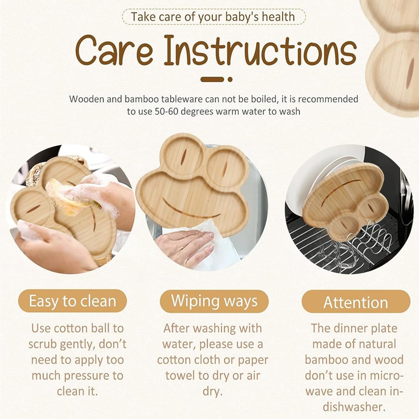 Bamboo Baby Plate with Silicone Suction Plate for Baby Toddler Kids- Divided Unbreakable- Non-Slip