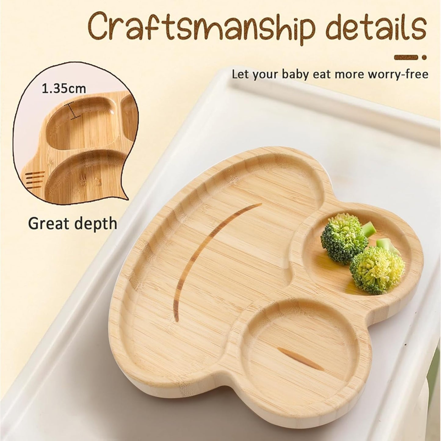Bamboo Baby Plate with Silicone Suction Plate for Baby Toddler Kids- Divided Unbreakable- Non-Slip