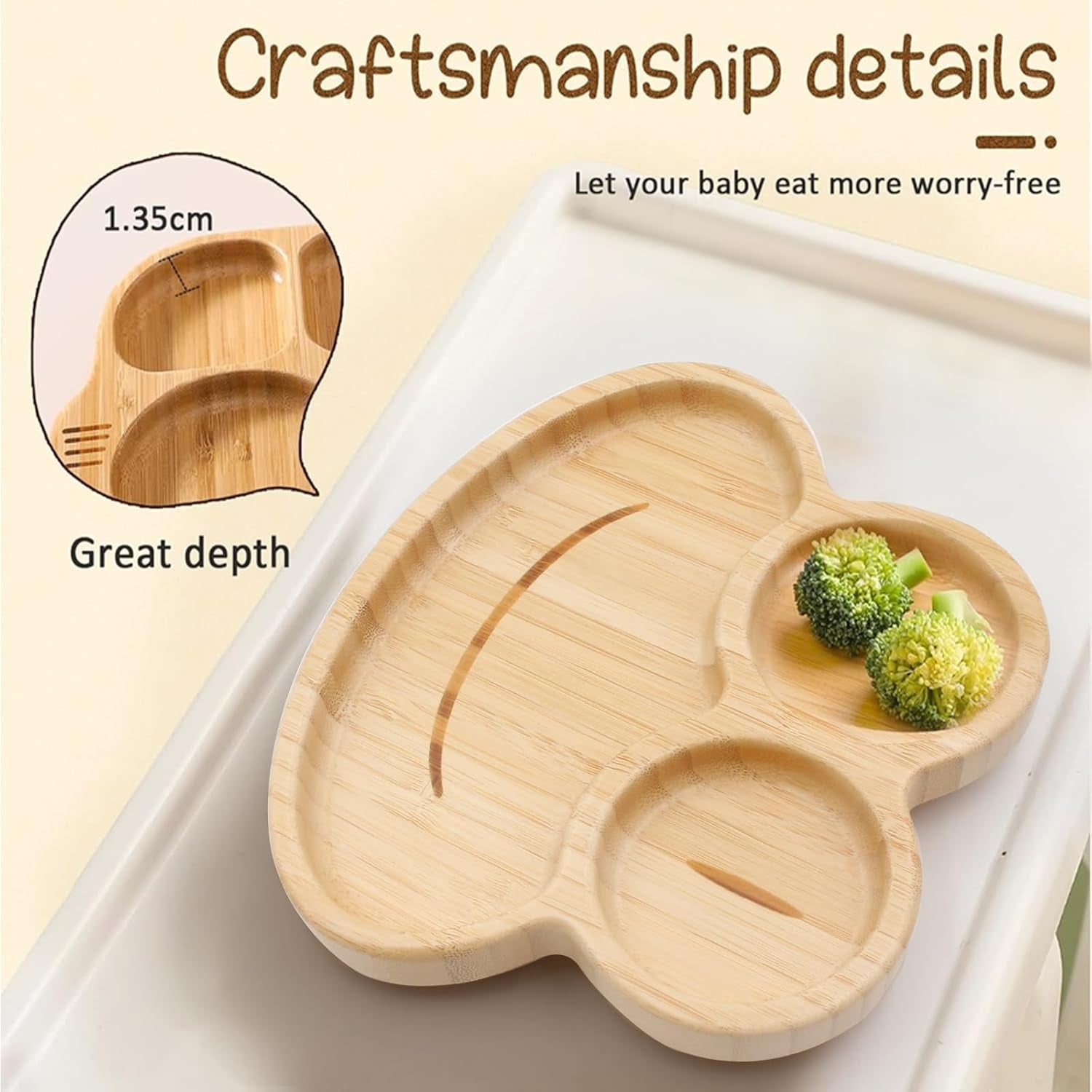 Bamboo Baby Plate with Silicone Suction Plate for Baby Toddler Kids- Divided Unbreakable- Non-Slip