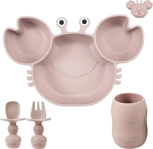 Silicone Baby Plate with Suction + Baby Sippy Cup + Baby Feeding Spoon Fork, Divided Kid Toddler Baby Suction Plate, Baby Feeding Items Led Weaning Set, Crab Pink
