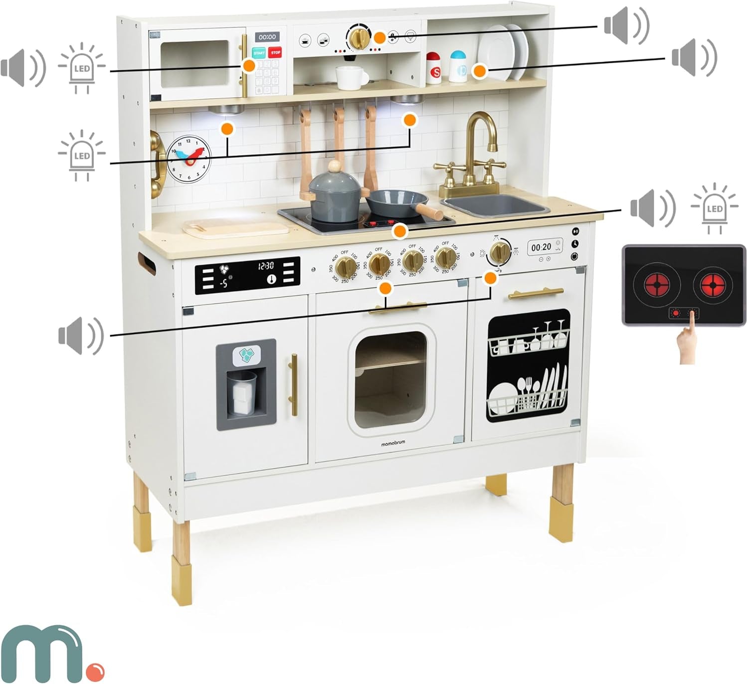 Wooden Play Kitchen, Children'S Play Kitchens & Toddler Set, Playset for Kids 3+ with LED Lights, Interactive Toy with Microwave, Dishwasher, Coffee Machine, Oven, Sink & Accessories
