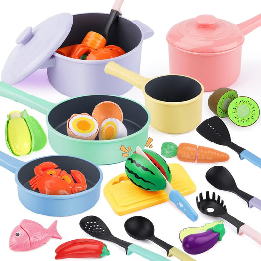Kitchen Pretend Toy, Role Play Cutting Fruit Food Toy & Cookware Pot & Pan Set, Educational Gift Toy for Kid Girl Boy Toddler Age 3,4,5,6,7,8, Cooking Utensil Vegetable Toy for Children