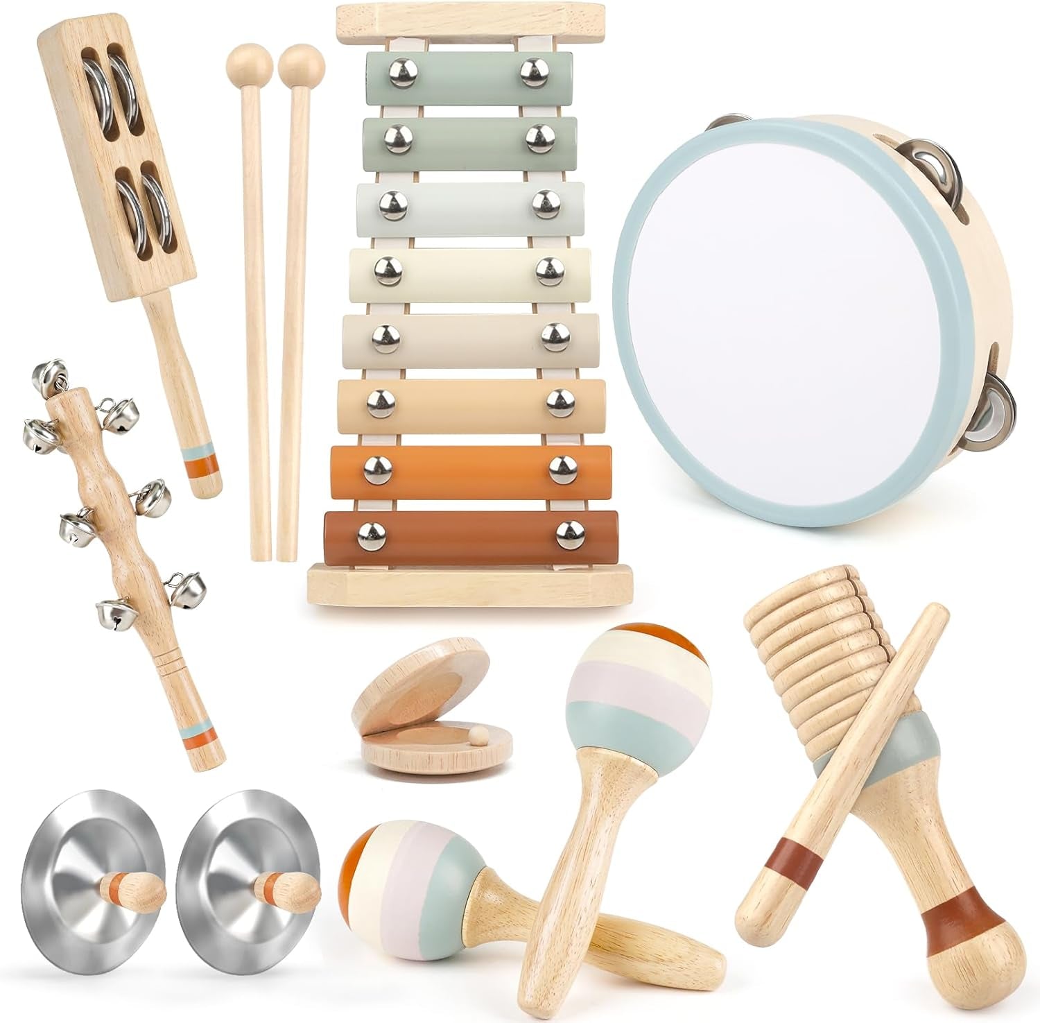 Kids Musical Instruments,  Baby Musical Instrument Montessori Wooden Toys for Toddlers18M+, Neutral Colors Percussion Instruments Set, Aesthetic Modern Boho Xylophone for Kids Playroom Gifts