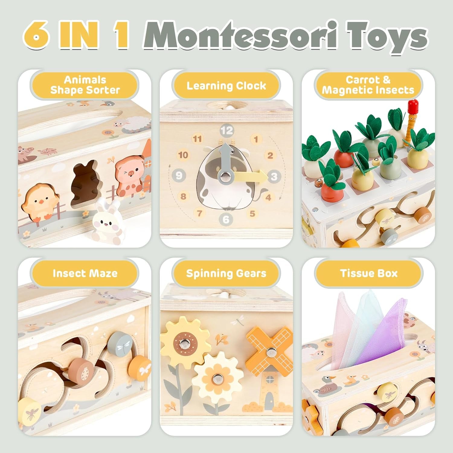 Montessori Toys for 1 Year Old, 6 in 1 Baby Tissue Box Toy Wooden Activity Cube, Shape Sorter Sensory Toys for Babies 12 Months, 1St Birthday Gifts for Girls Boys