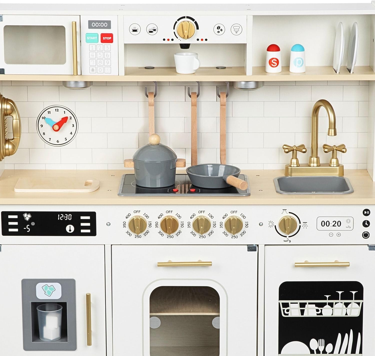 Wooden Play Kitchen, Children'S Play Kitchens & Toddler Set, Playset for Kids 3+ with LED Lights, Interactive Toy with Microwave, Dishwasher, Coffee Machine, Oven, Sink & Accessories