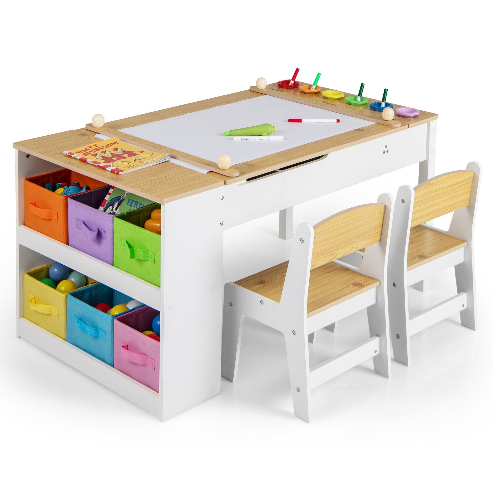 COSTWAY 2-In-1 Kids Art Table and Easel Set Wooden Drawing Desk W/Chairs-Natur