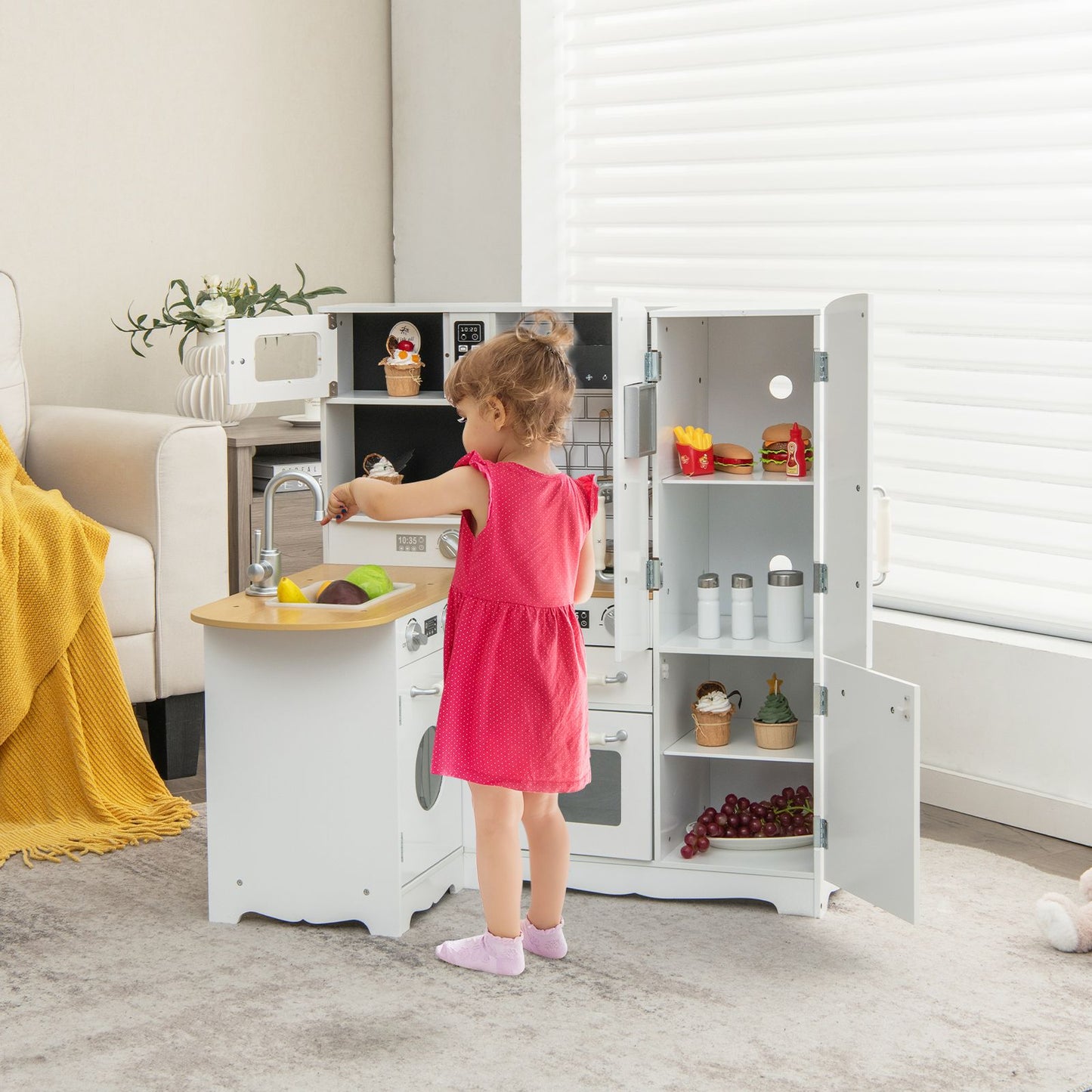 Kid'S Corner Kitchen Playset Wooden Play Kitchen with Range Hood