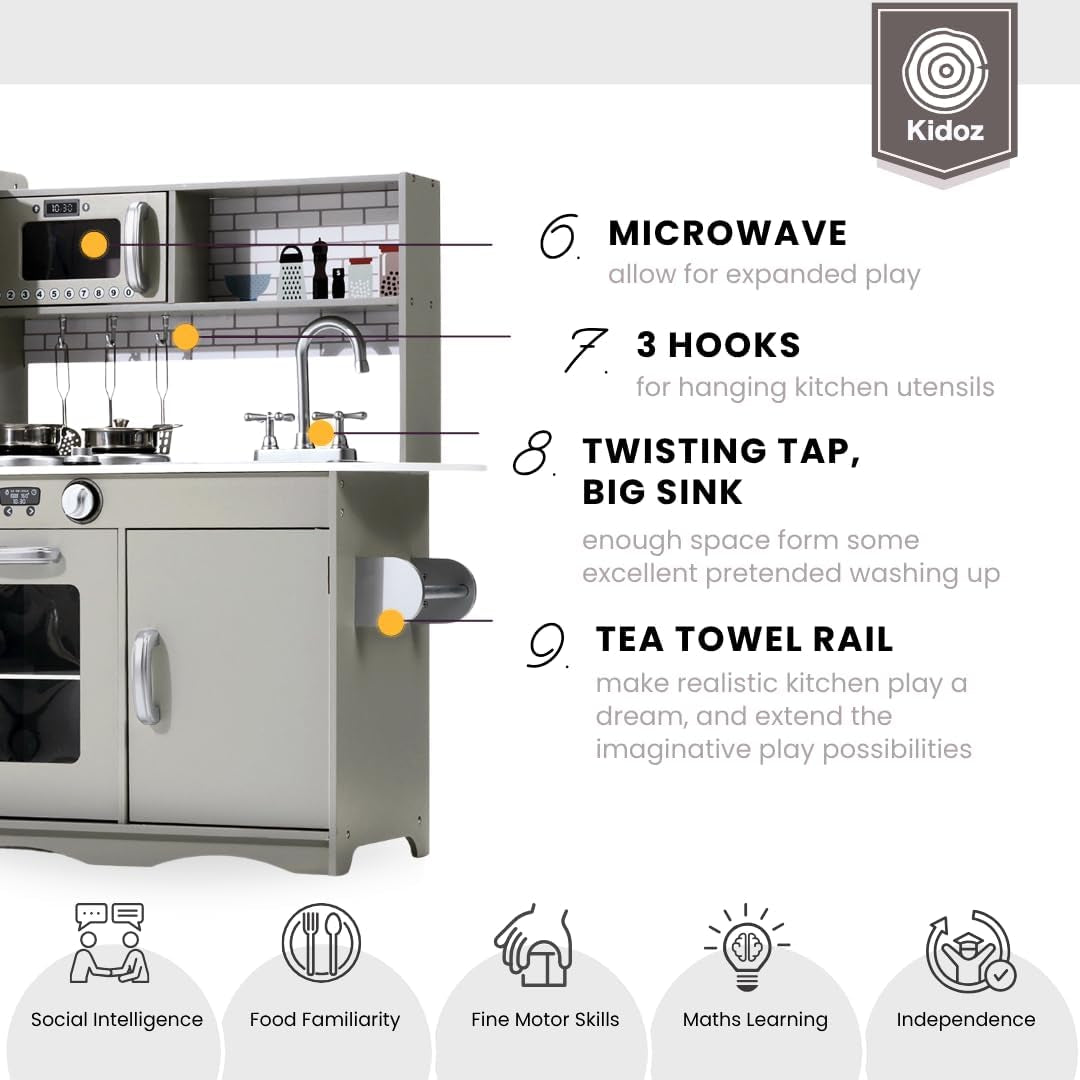 Kidoz Signature Kids Wooden Kitchen, Large Pretend Role Play Kitchen with Realistic Oven, Microwave and Sink with Taps, Kitchen Playset with Sounds and Lights for Kids (White Kitchen Only)