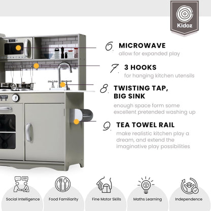 Kidoz Signature Kids Wooden Kitchen, Large Pretend Role Play Kitchen with Realistic Oven, Microwave and Sink with Taps, Kitchen Playset with Sounds and Lights for Kids (White Kitchen Only)