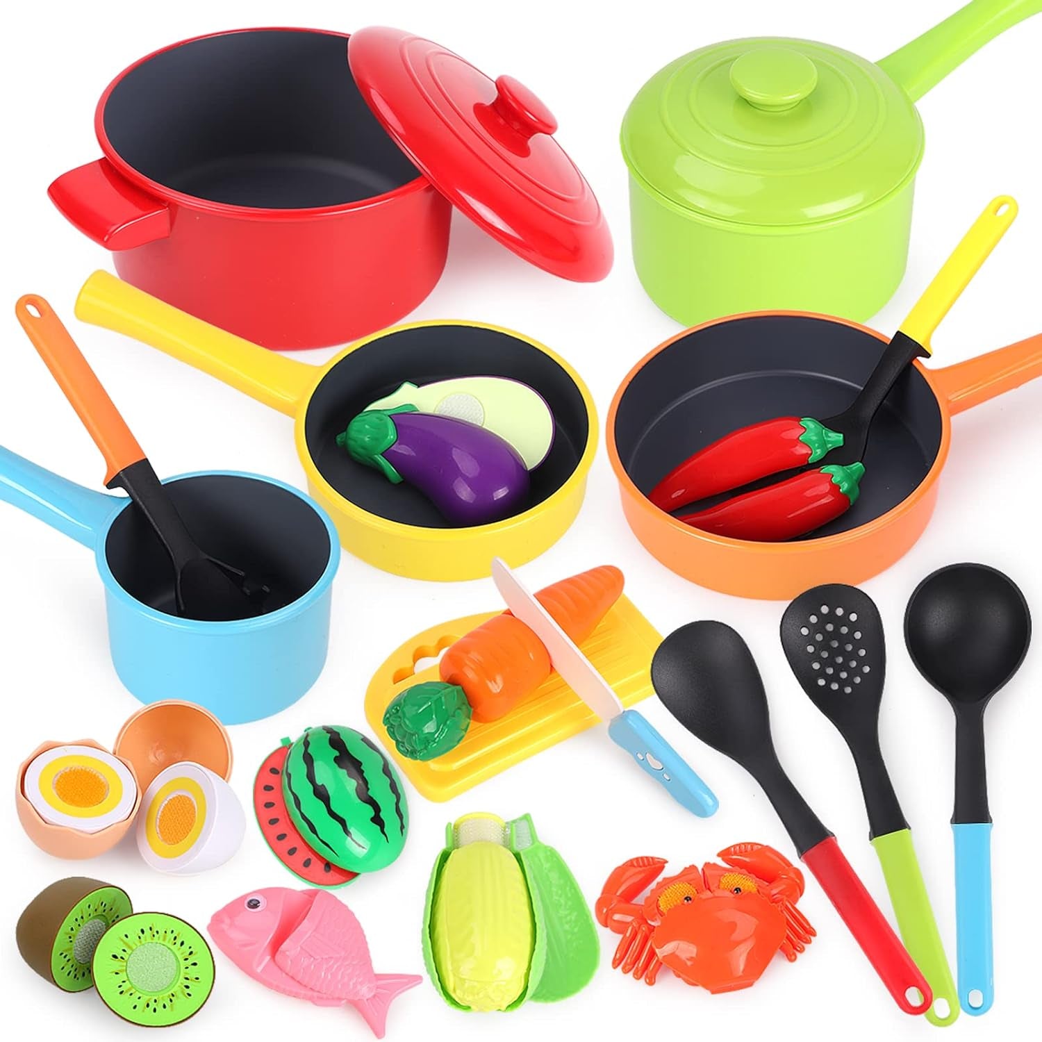 Kitchen Pretend Play Set - Role Play Cutting Fruit Food Toy & Cookware Pot & Pan Set, Educational Gift for Toddlers Age 3-8