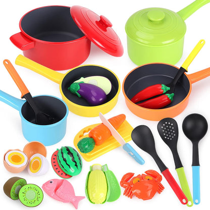 Kitchen Pretend Play Set - Role Play Cutting Fruit Food Toy & Cookware Pot & Pan Set, Educational Gift for Toddlers Age 3-8