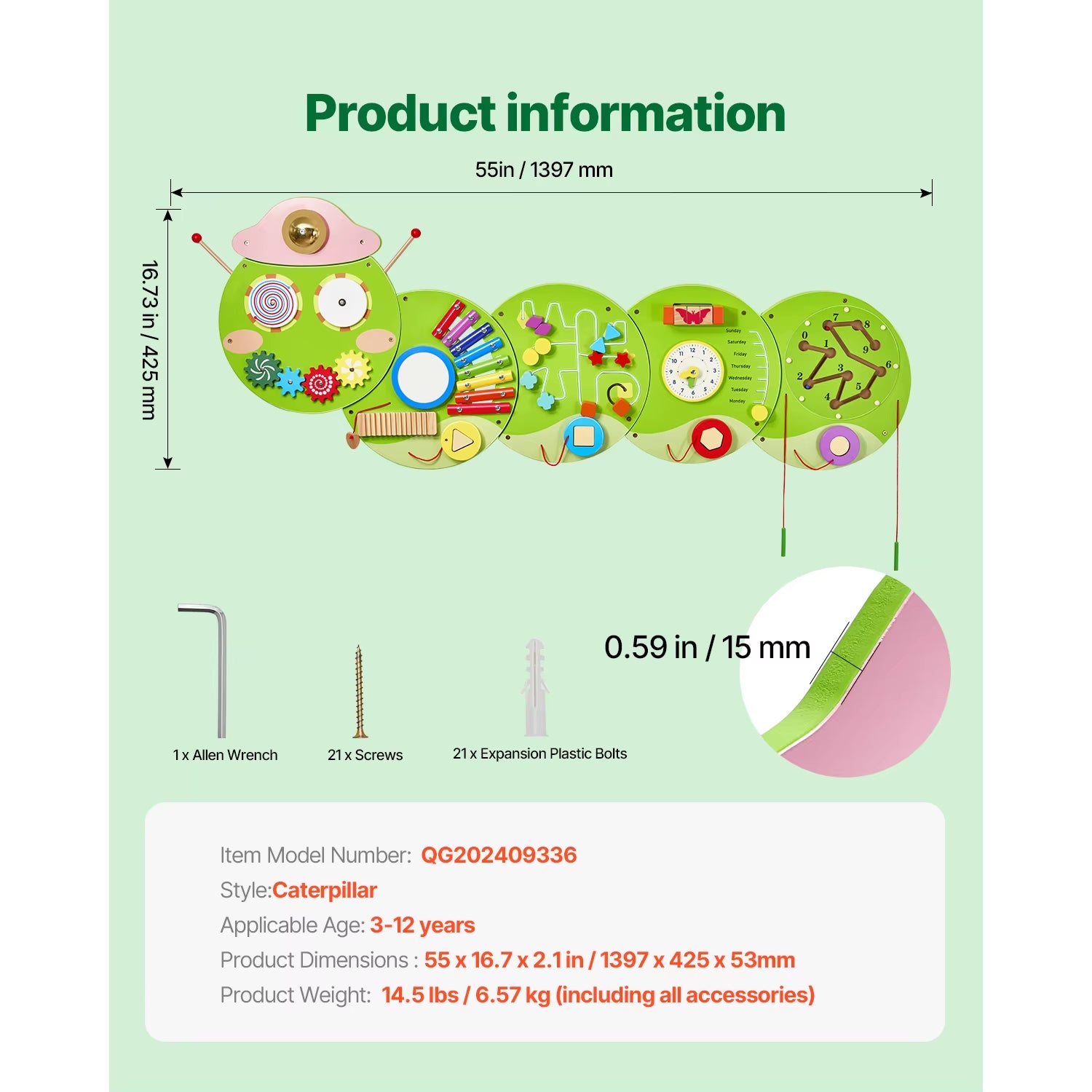 Caterpillar Children Wall Busy Board 12 Activities Montessori Sensory Learning Center for Kids 3-12 Years Playroom Toys