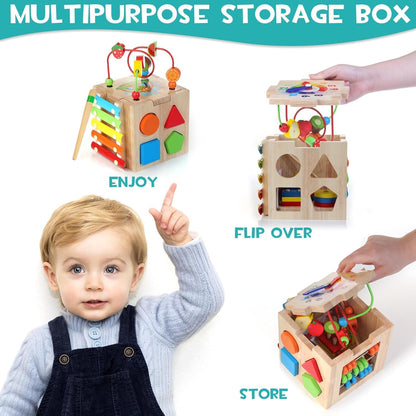 Wooden Activity Cube Baby Toys, 8-In-1 Montessori Educational Toy Set, Bead Maze Shape Sorter Abacus Xylophone Words & Clock Learning, STEM Toys for Boys Girls Toys for 1 2 3 Years Old