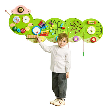 Caterpillar Children Wall Busy Board 12 Activities Montessori Sensory Learning Center for Kids 3-12 Years Playroom Toys