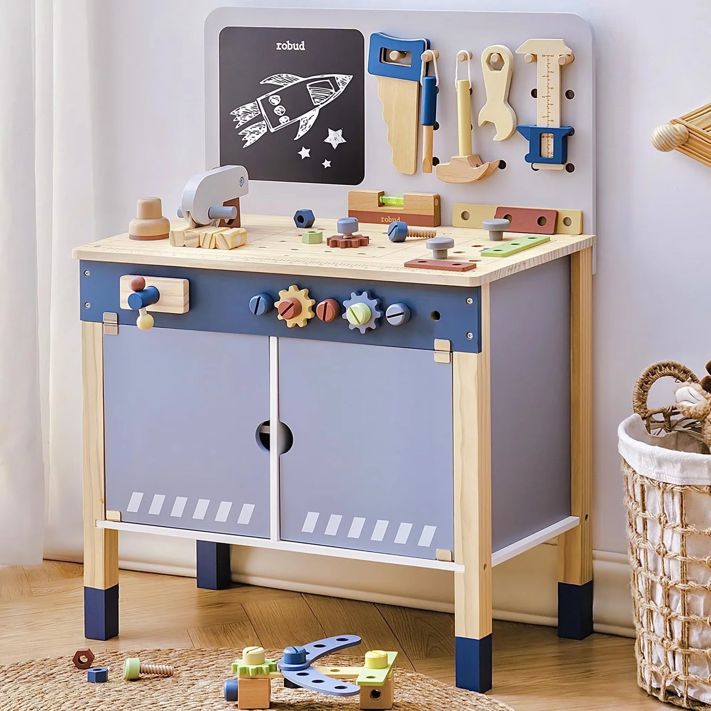 Robud Wooden Toy Workbench Large Kid'S Wooden Play Tool Pretend Play Creative Building Set Gift for Girls & Boys 3+