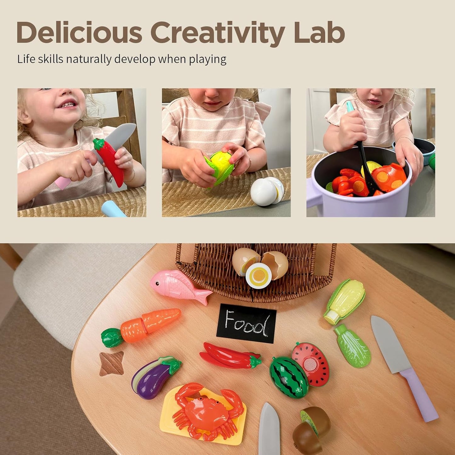 Kitchen Pretend Toy, Role Play Cutting Fruit Food Toy & Cookware Pot & Pan Set, Educational Gift Toy for Kid Girl Boy Toddler Age 3,4,5,6,7,8, Cooking Utensil Vegetable Toy for Children