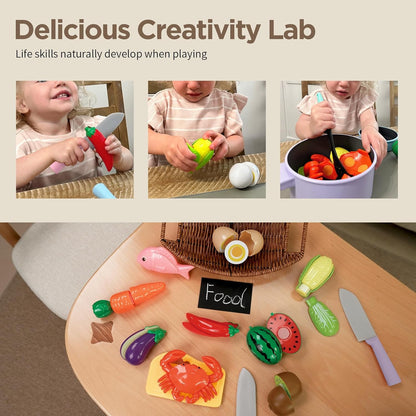 Kitchen Pretend Toy, Role Play Cutting Fruit Food Toy & Cookware Pot & Pan Set, Educational Gift Toy for Kid Girl Boy Toddler Age 3,4,5,6,7,8, Cooking Utensil Vegetable Toy for Children