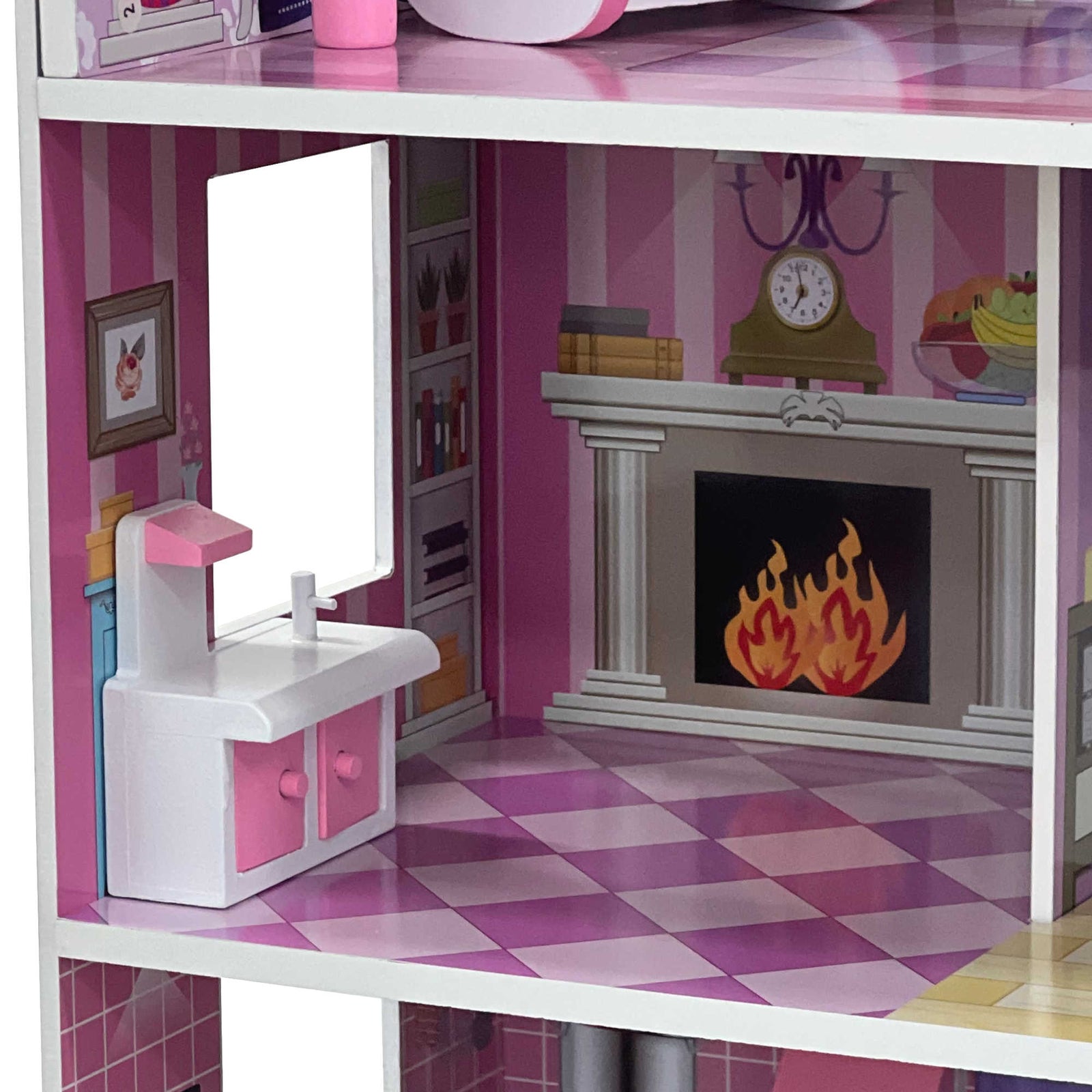 Childrens Kids Wooden Dolls House Playset with 9Pcs Furniture and Accessories