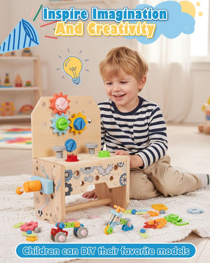 3-In-1 Design Wooden Tool Set Toys for Kids, Gifts for 2+ Year Old Boy Toys, 50 Pcs Accessories, Toddler Educational Construction Bench Set Toy for 2-6 Year Old Boys & Girls, Ideal